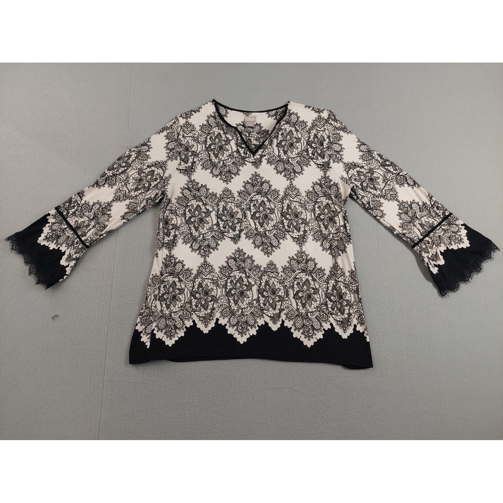 Chicos Women Tunic Top 2 Black Paisley 3/4 Sleeve V Neck Summer Bohemian Beach